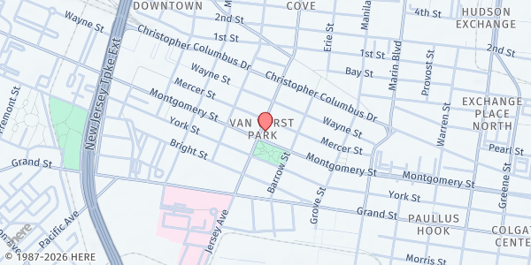 Map showing JCFPL Priscilla Gardner Main Branch at 472 Jersey Avenue, Jersey City, NJ