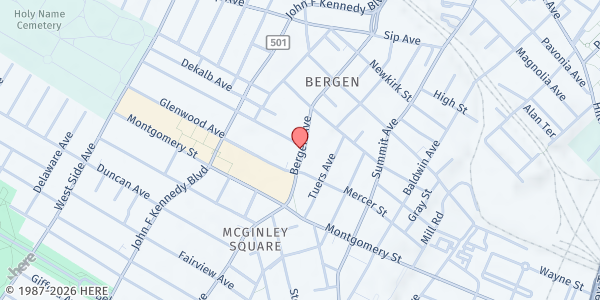 Map showing Old Bergen Church at 1 Hiqhland Ave, Jersey City, NJ