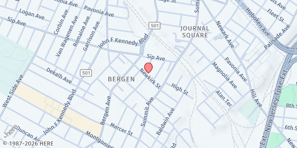 Map showing HCCC Food Pantry JSQ Campus at 2 Enos Place, Journal Square, NJ