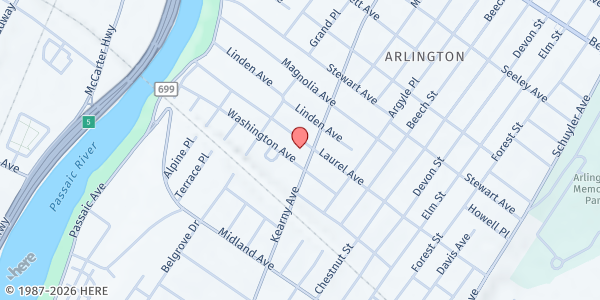 Map showing 1st PRESBYTERIAN CHURCH OF ARLINGTON at 663 Kearny Avenue, Kearny, NJ