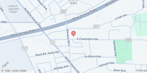 Map showing Grace Temple Baptist Church at 15 East Charleston Avenue, Lawnside, NJ