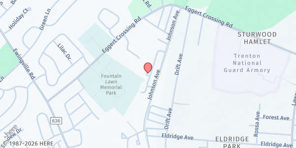 Map showing First Baptist of Eggerts at 121 Hillcrest Ave, Lawrence Township, NJ