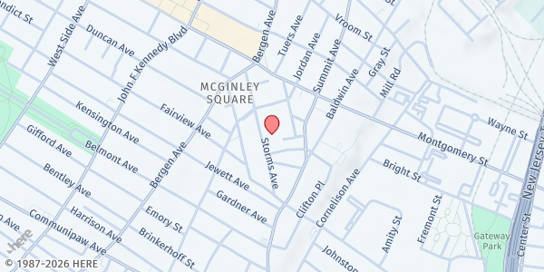 Map showing The Hub Church at 68 Storms Avenue, McGinley Square, NJ