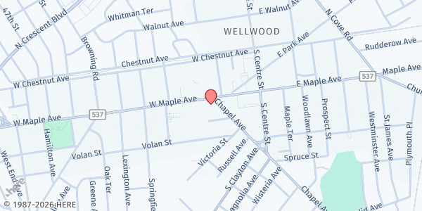 Map showing Trinity United Methodist Church at 36 West Maple Avenue, Merchantville, NJ