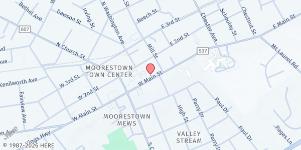 Map showing First Baptist Church at 19 West Main Street, Moorestown-Lenola, NJ