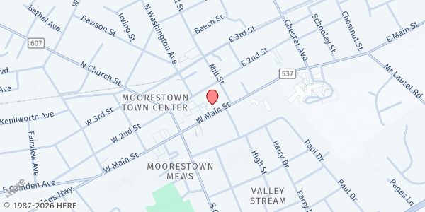 Map showing First Baptist Church of Moorestown at 19 West Main Street, Moorestown-Lenola, NJ