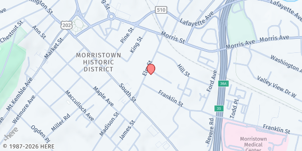 Map showing Morristown Meals on Wheels at 29 Elm Street, Morristown, NJ