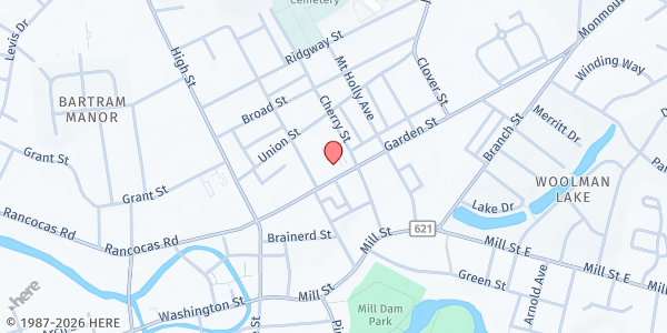 Map showing First Presbyterian Church of Mount Holly at 125 Garden Street, Mount Holly, NJ