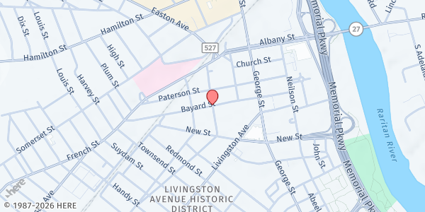 Map showing Bayard Street Presbyterian Church Food Pantry at 107 Bayard St, New Brunswick, NJ
