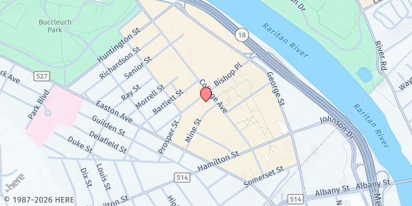 Map showing Five Loaves Food Pantry at 100 College Avenue, New Brunswick, NJ