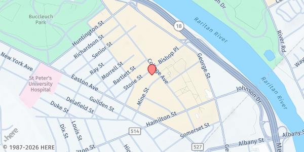 Map showing Src Five Loaves Food Pantry at 100 College Avenue, New Brunswick, NJ