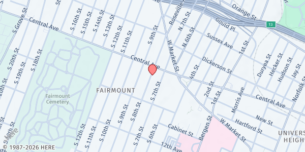 Map showing Iglesia Shalom Baptist Church at 70 South 8th Street, Newark, NJ