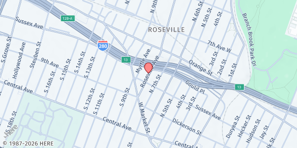 Map showing Roseville Presbyterian Church at 83 Roseville Avenue, Newark, NJ