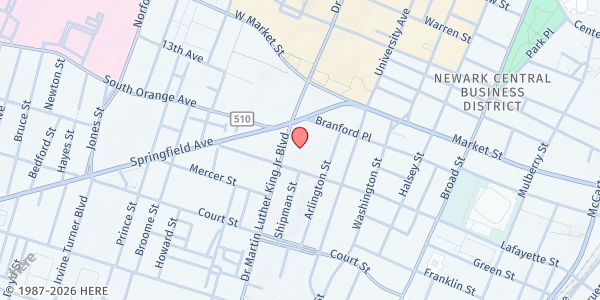 Map showing Toussaint Food Pantry at 528 Martin Luther King Blvd, Newark, NJ