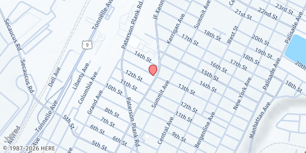 Map showing Fresh by Ujamaa Cafe-  North Bergen Kennedy Branch Public Library at 1231 John F. Kennedy Blvd, North Bergen, NJ