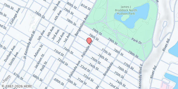 Map showing Woodcliff Christian Harvest Food Pantry at 7605 Palisade Avenue, North Bergen, NJ