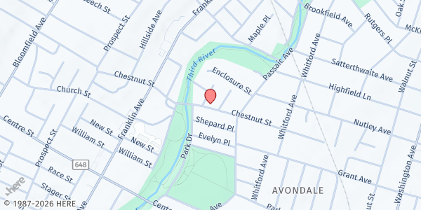 Map showing Nutley Family Service Bureau at 155 Chestnut Street, Nutley, NJ