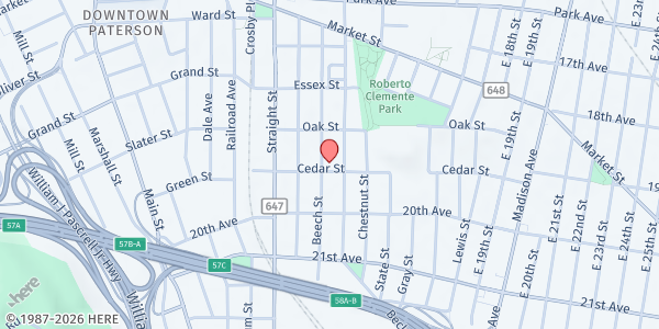 Map showing Primera Iglesia Pentecostal Abrigo del Altisimo at 75 Cedar St, Paterson, NJ
