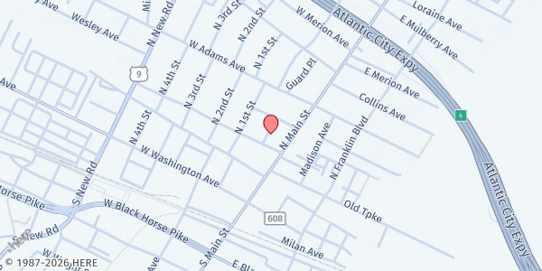 Map showing SDA Seashore-PLEASANTVILLE at 102 LINDEN AVE, PLEASANTVILLE, NJ