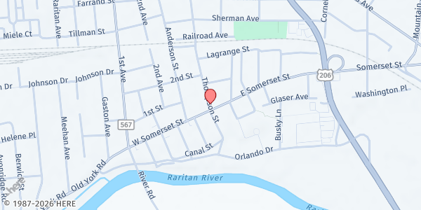 Map showing FoodBank Network of Somerset-Raritan at 28 Thompson Street, Raritan, NJ