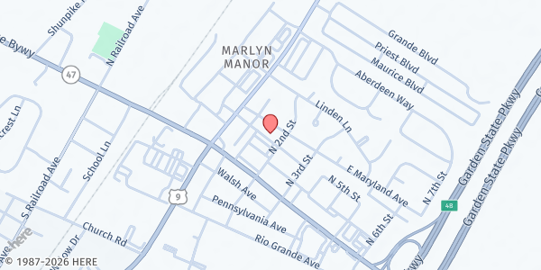Map showing The Branches Outreach at 201 Hirst Ave., Rio Grande, NJ