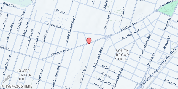 Map showing Shani Baraka Women's Resource Center at 333 Clinton Avenue, South Broad Street, NJ