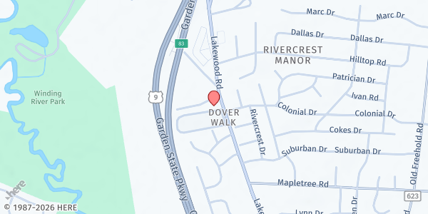 Map showing Refuge House of Prayer Church of God at 1186 New Jersey 166, Toms River, NJ