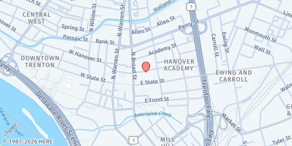 Map showing First Presbyterian Church of Trenton - Food Distribution at 123 E. Hanover Street, Trenton, NJ