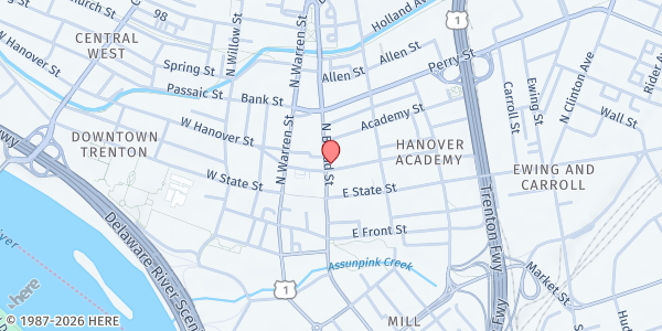 Map showing Mercer County Community College Food Pantry - JKC Campus at 102 North Broad St., Trenton, NJ