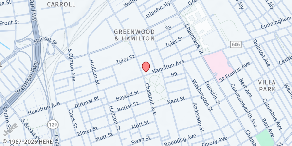 Map showing New Hope Church Of God Food Pantry at 400 Hamilton Ave, Trenton, NJ