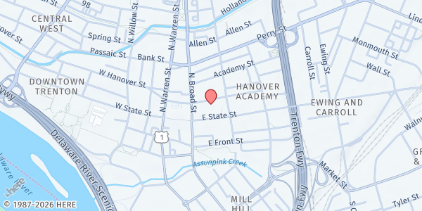 Map showing The Crisis Ministry Of Princeton And Trenton - Food Distribution Center at 120 E Hanover St, Trenton, NJ