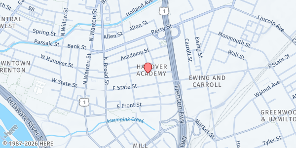 Map showing Urban League Of Metropolitan Trenton - Food Distribution Center at 235 E Hanover St, Trenton, NJ