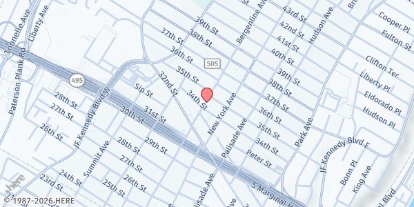 Map showing Iglesia Pentecostal El Tabernacle at 3408 Bergenline Ave., Floor 2, Union City, NJ