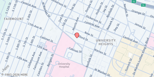 Map showing Bethany Baptist Church Pantry at 275 West Market Street, University Heights, NJ