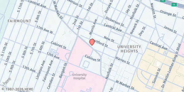 Map showing Bethany Baptist Church Pantry at 275 West Market Street, University Heights, NJ