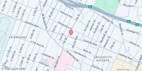 Map showing North Jersey Community Research Initiative - Ujamaa Cafe at Project WOW at 393 Central Avenue, University Heights, NJ