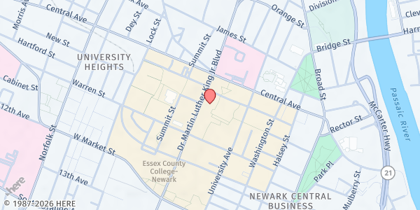 Map showing Pantry+ at Rutgers Newark - PRCC 226 at 350 Doctor Martin Luther King Junior Boulevard, University Heights, NJ