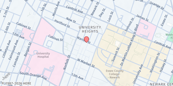 Map showing Trinity U.A.M.E. at 226 Warren Street, University Heights, NJ