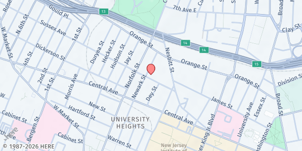 Map showing Ujamaa Cafe at Marion P Thomas Charter School at 125 Sussex Avenue, University Heights, NJ