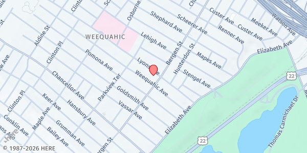 Map showing Greater Abyssinian Baptist Church at 88 Lyons Avenue, Weequahic, NJ