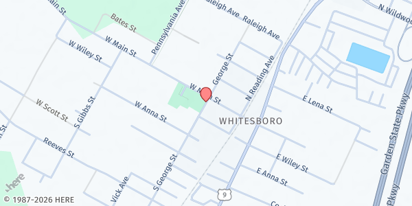 Map showing Bethel Commandment Church at 402 S. GEORGE STREET, WHITESBORO, NJ