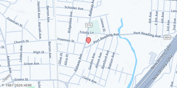 Map showing First Presbyterian Church at 600 Rahway Avenue, Woodbridge, NJ
