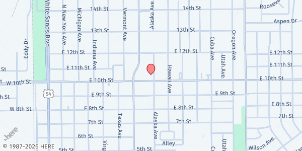 Map showing First Assembly Worship Center at 823 10th St., Alamogordo, NM