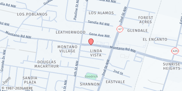 Map showing Albuquerque Bible Church at 320 Montano Rd. NW, Albuquerque, NM