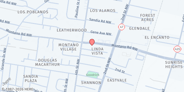 Map showing Albuquerque Bible Church - ABC Food Pantry at 320 Montano Rd. NW, Albuquerque, NM