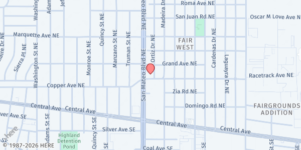 Map showing Albuquerque Franciscan Food Pantry at 404 San Mateo Blvd. NE, Albuquerque, NM