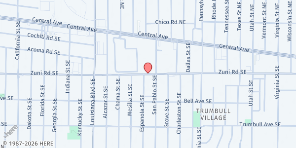 Map showing East Central Health and Social Services Center at 7525 Zuni Rd SE, Albuquerque, NM