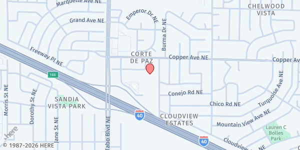 Map showing East Gate Church at 12120 Copper Ave. NE, Albuquerque, NM