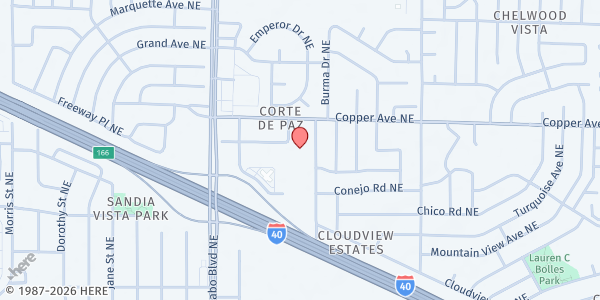 Map showing East Gate Church at 12120 Copper Ave. NE, Albuquerque, NM