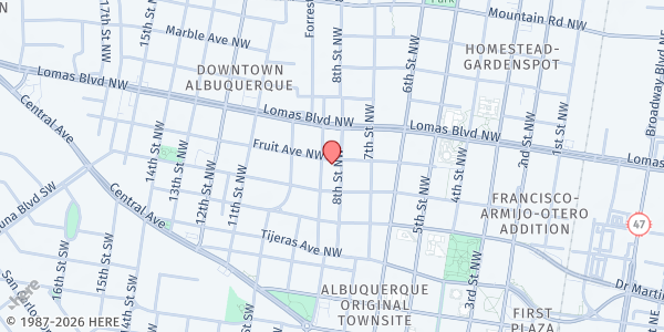 Map showing First Bilingual Baptist Church - Downtown Food Pantry at 812 Fruit Ave. NW, Albuquerque, NM